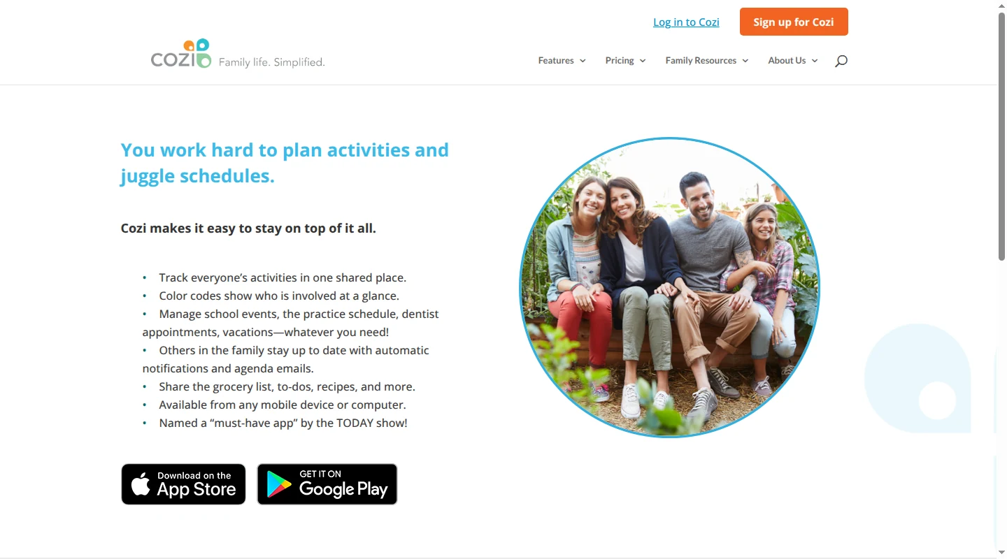 Cozi homepage highlighting shared schedules, color coding, and household lists
