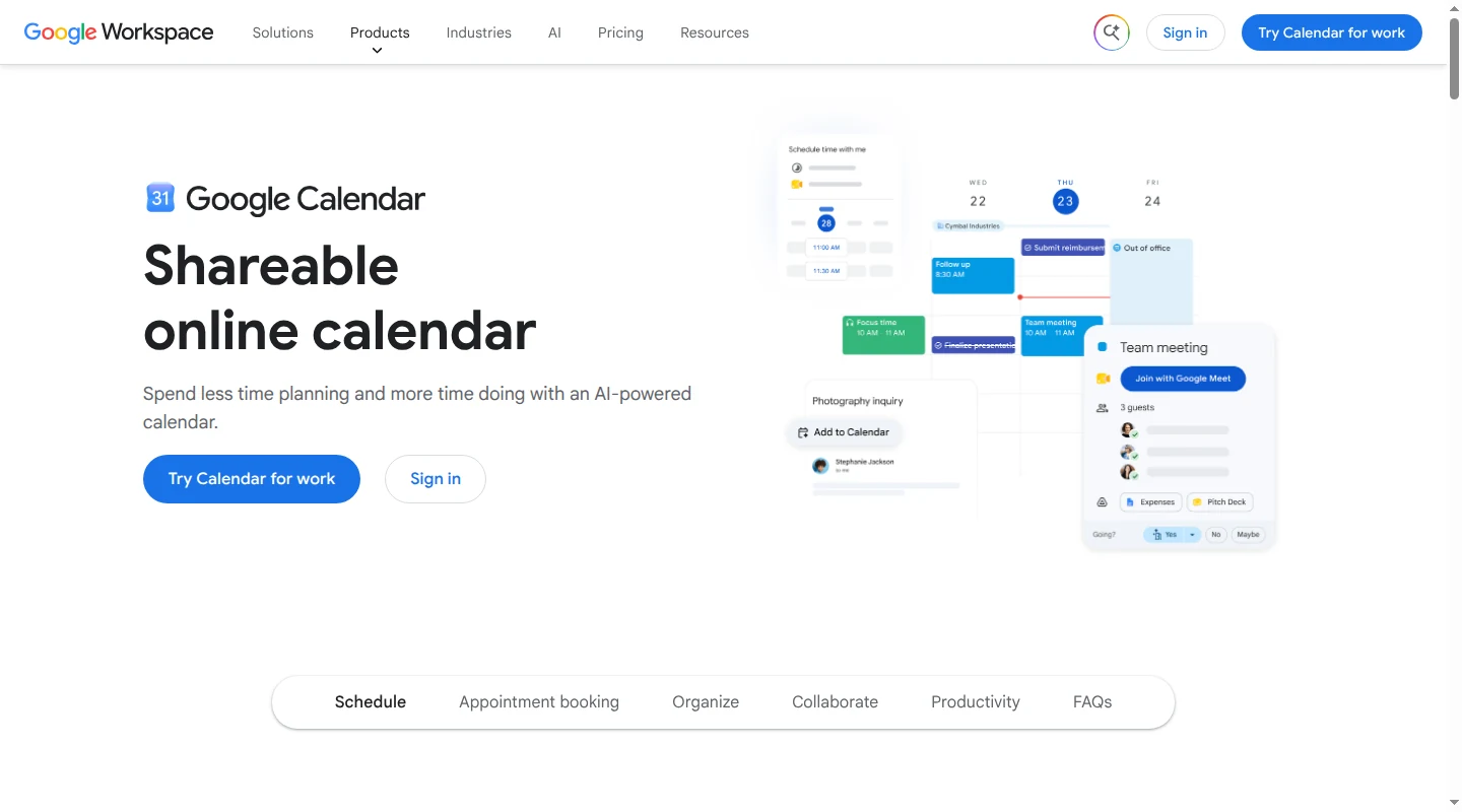Google Calendar product page with phone and desktop calendar previews