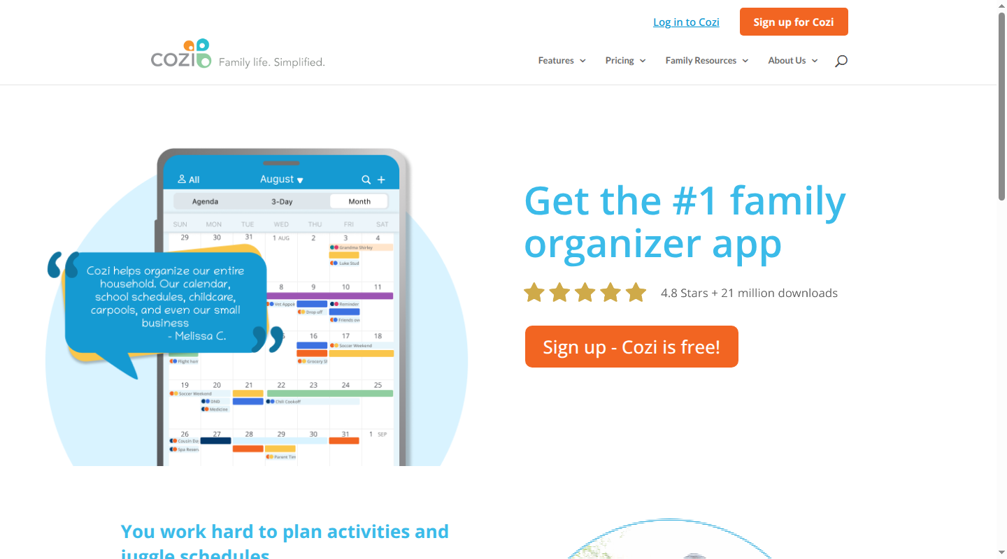Cozi homepage showing its mobile app's color-coded month calendar