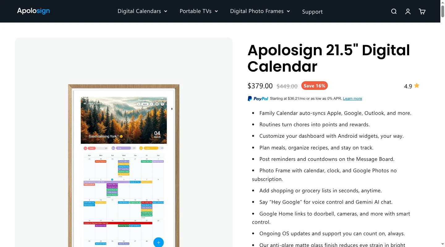 Apolosign 21.5-inch Digital Calendar showing its Android family organizer