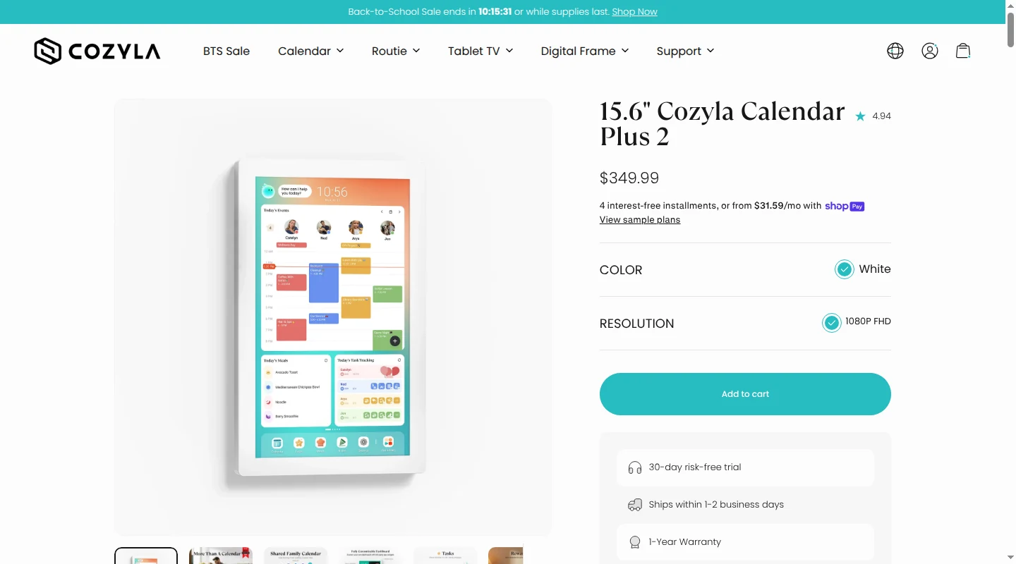 Cozyla Calendar Plus 2 product page showing its 15.6-inch family dashboard