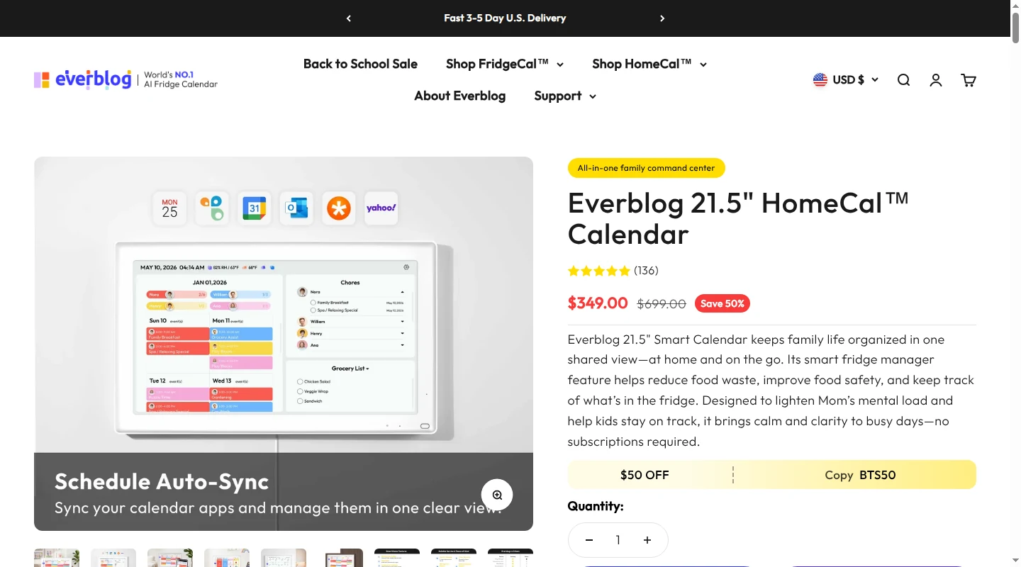 Everblog HomeCal product page showing its shared calendar and chores dashboard