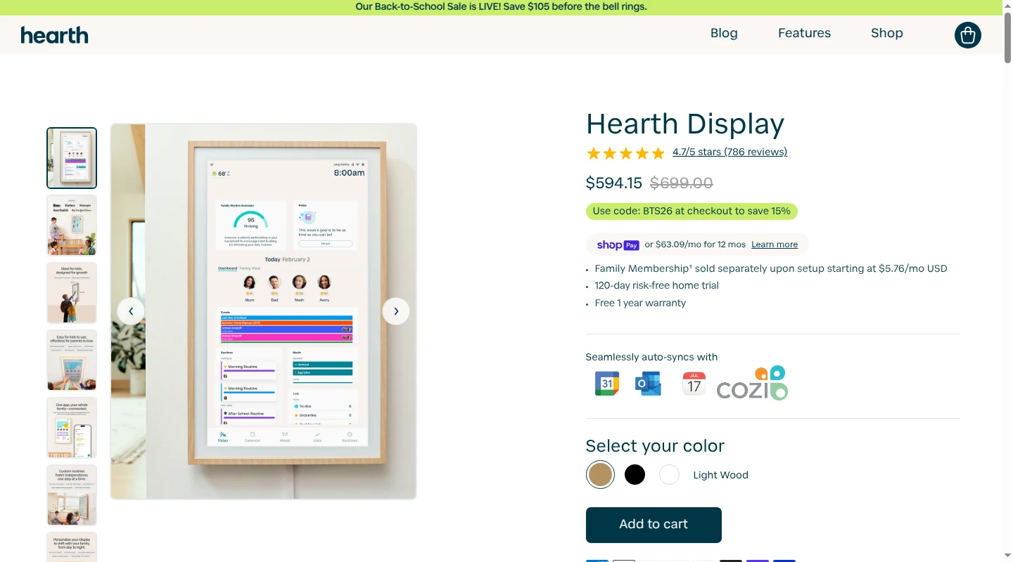 Hearth Display product page showing its 27-inch wall calendar and family dashboard