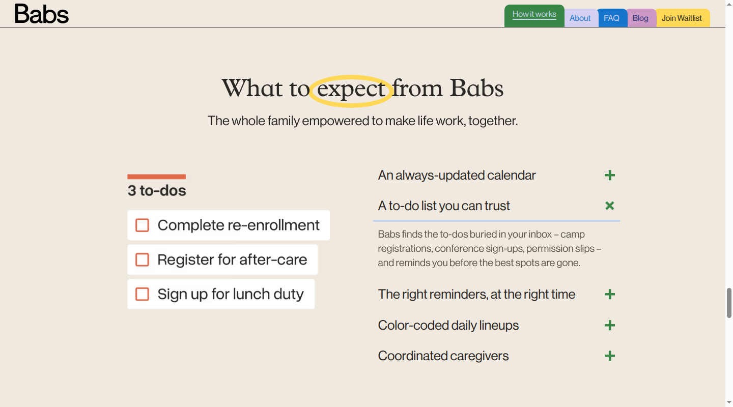 Babs surfaces family to-dos such as re-enrollment and after-care registration.