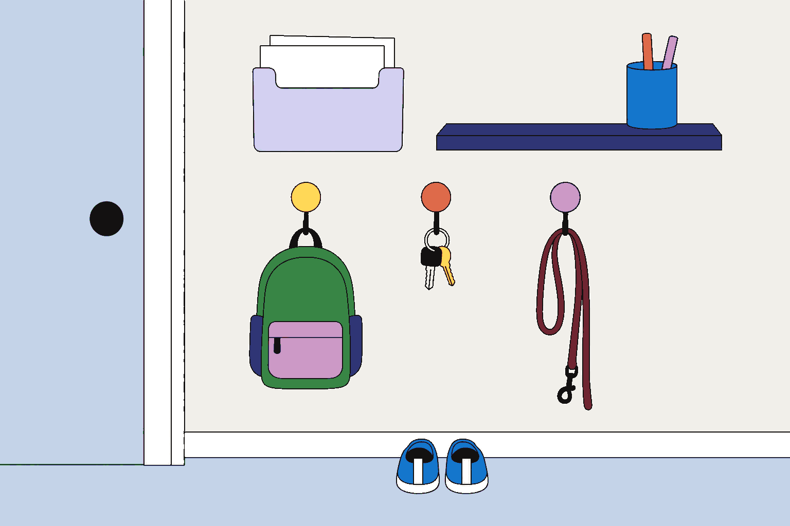 A compact entryway command center with a paper pocket, backpack hook, keys, leash, shoes, and pencil shelf.