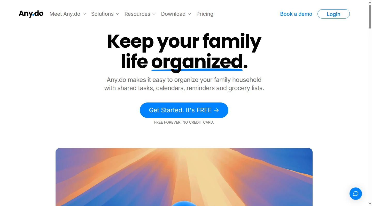 Any.do Family page showing shared family tasks, calendar, reminders, and groceries.
