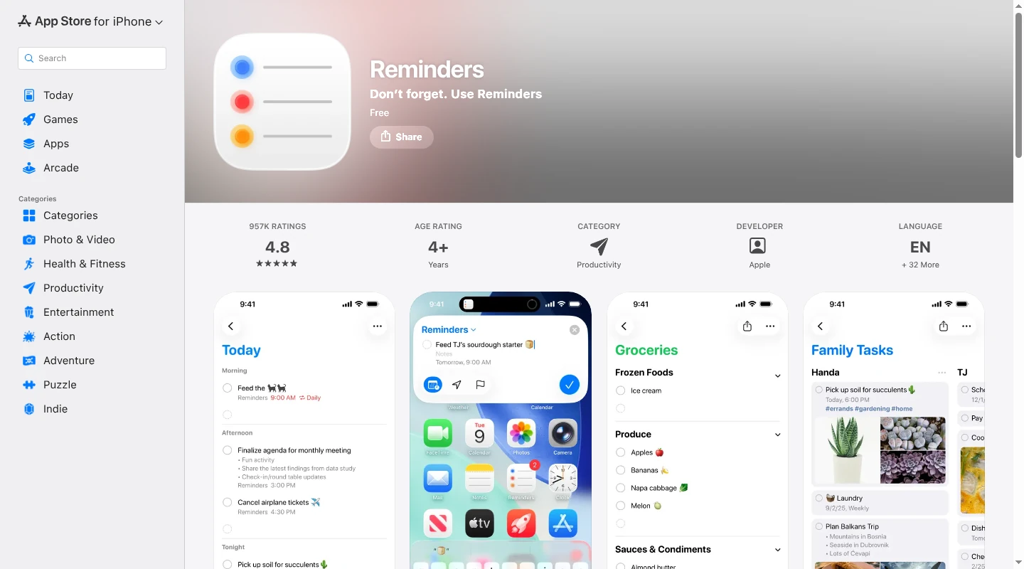 Apple Reminders App Store page showing Today, Groceries, and Family Tasks lists.