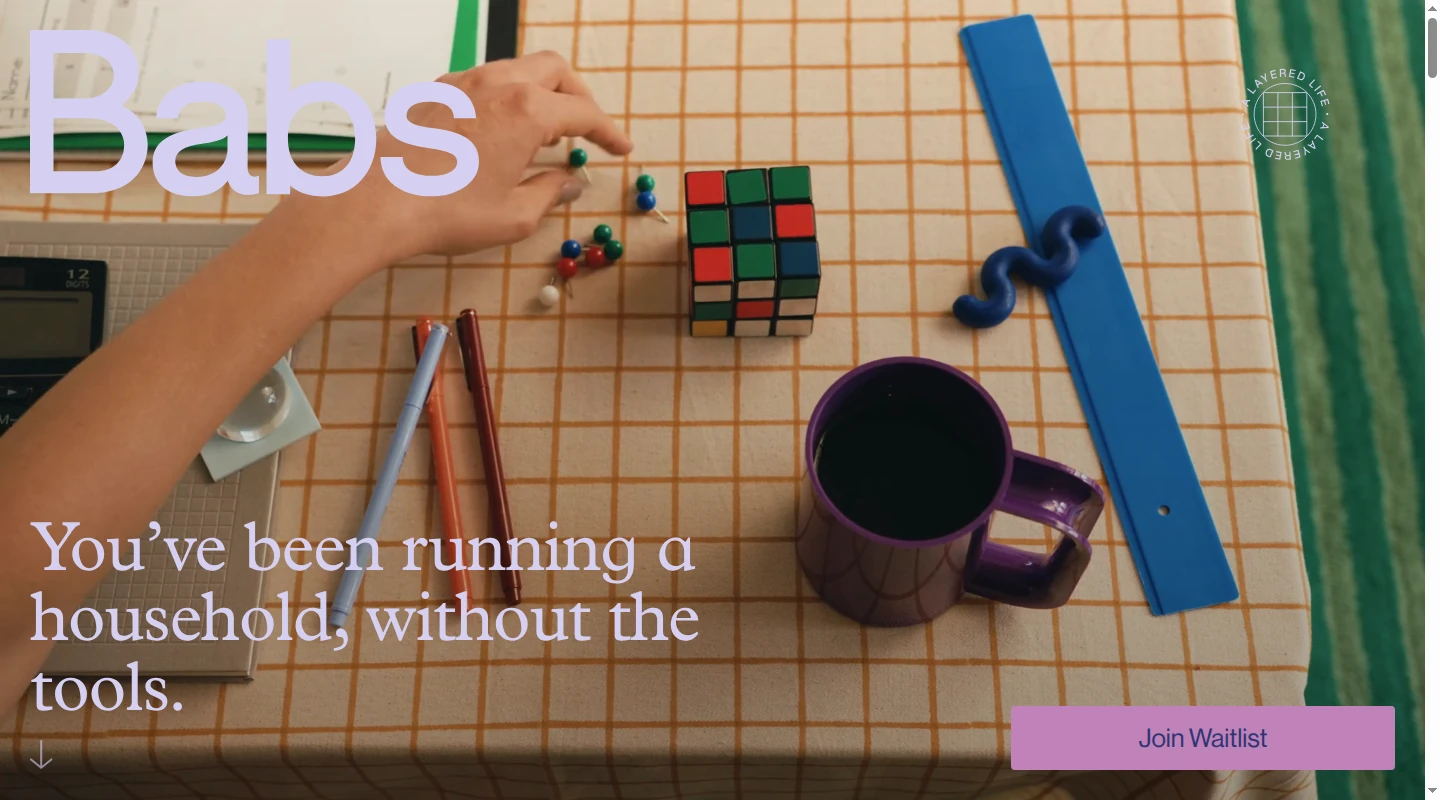 Babs homepage hero showing a household workspace and a headline about running a household without the tools.