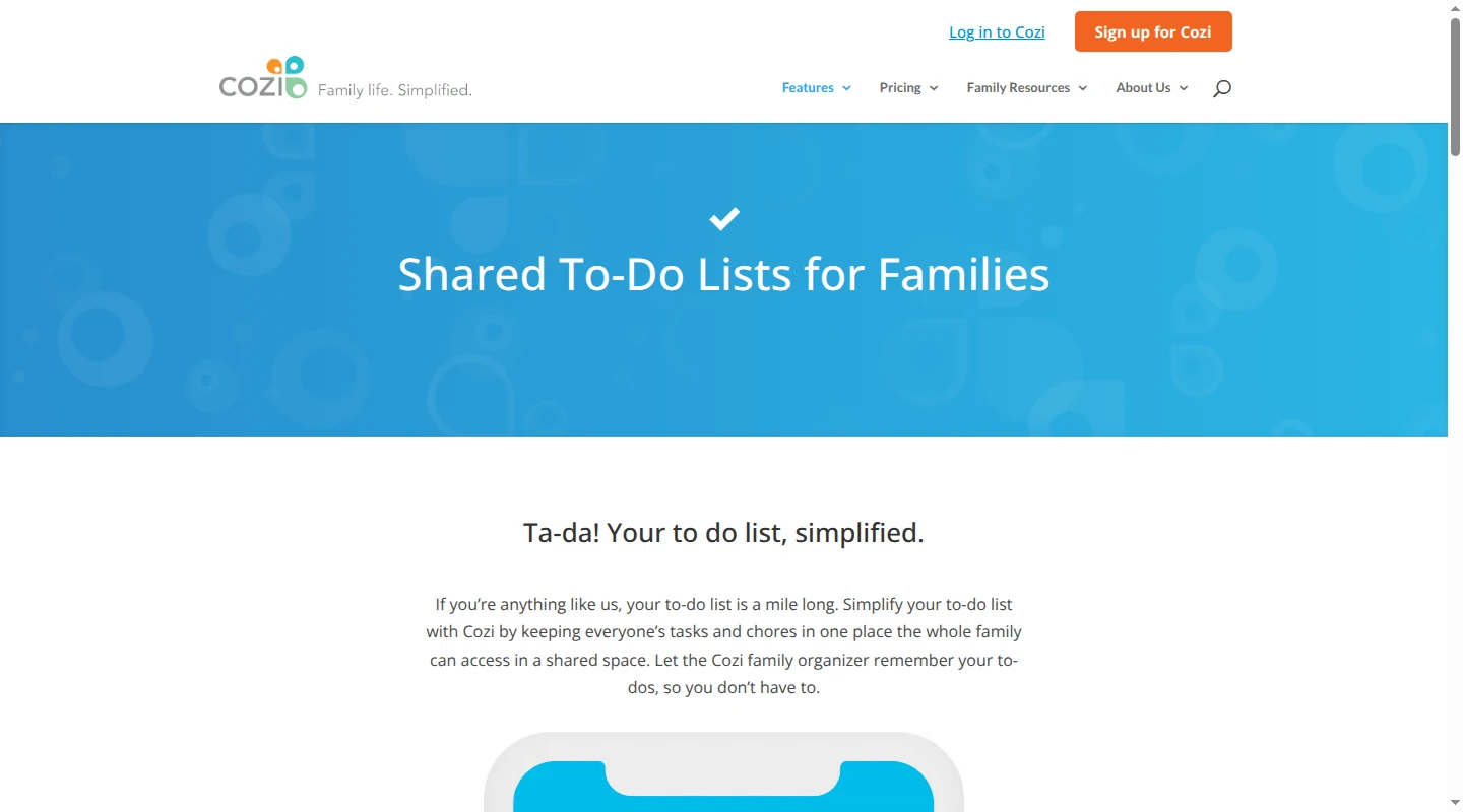 Cozi page showing its shared family to-do lists.