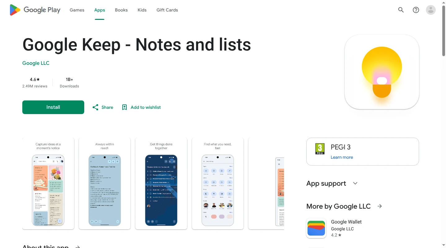 Google Keep Play Store page showing shared notes and checklist views.