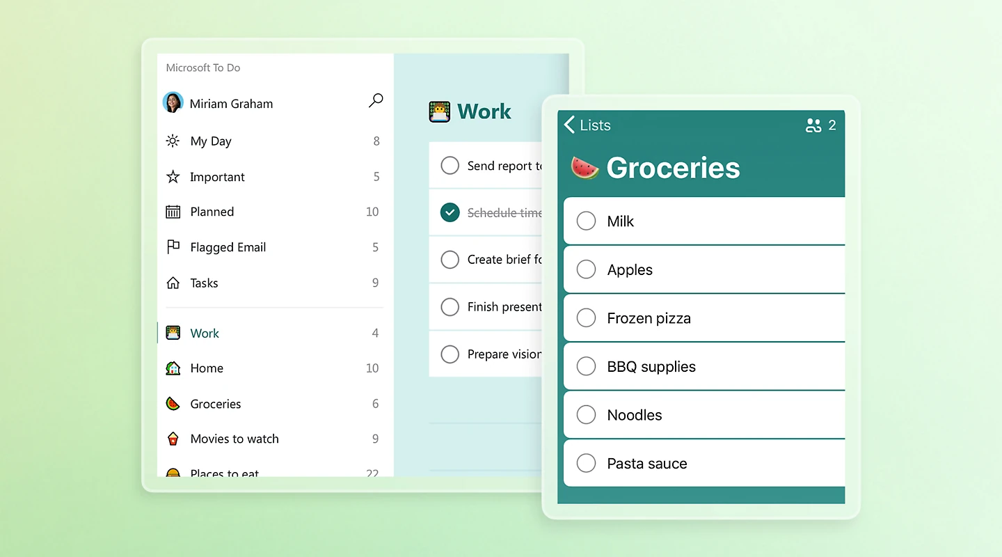 Microsoft To Do showing shared Work and Groceries lists on desktop and mobile.