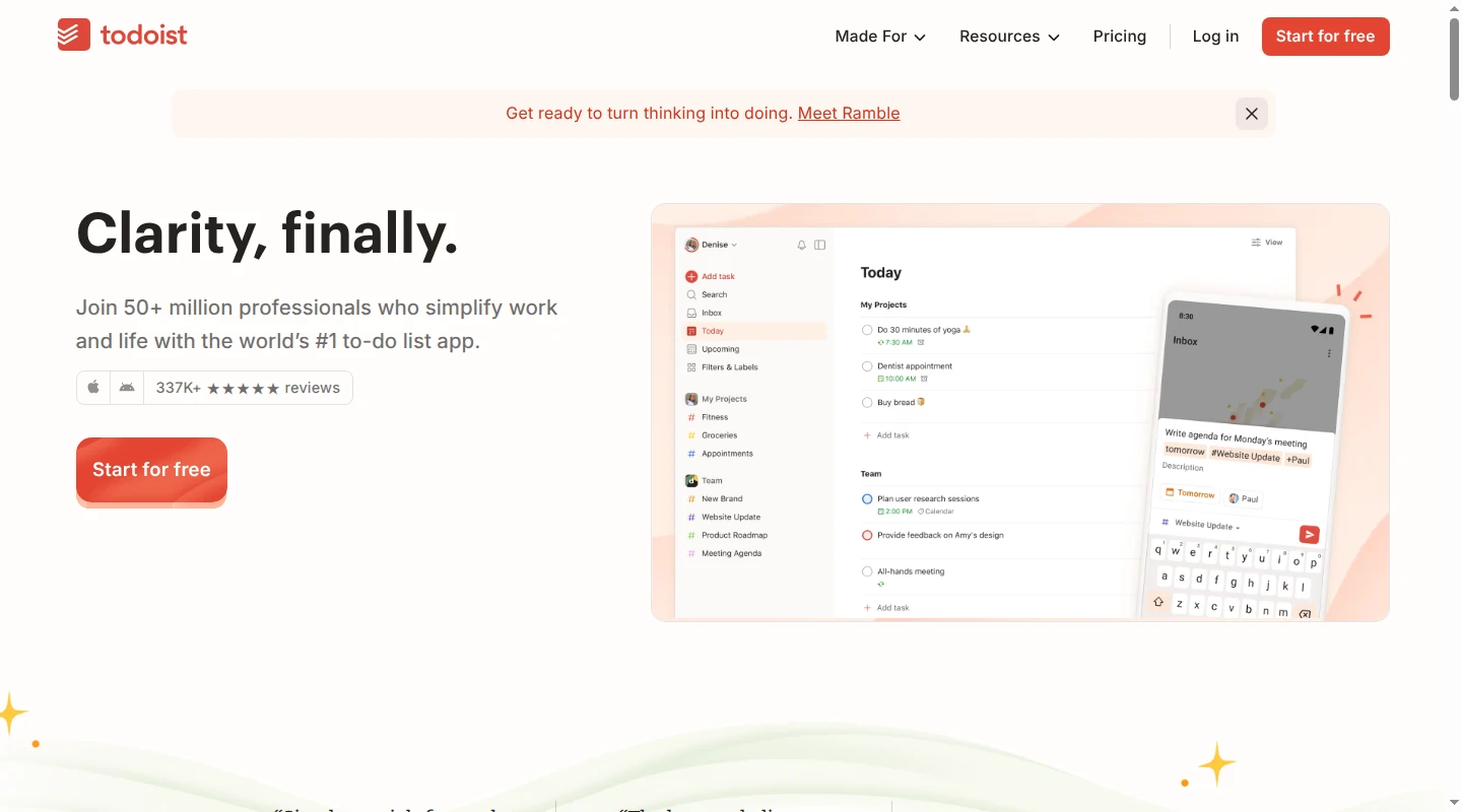 Todoist homepage showing task lists on desktop and phone.