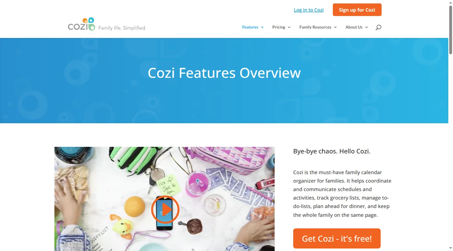Cozi features page introducing its family calendar, lists, and meal tools