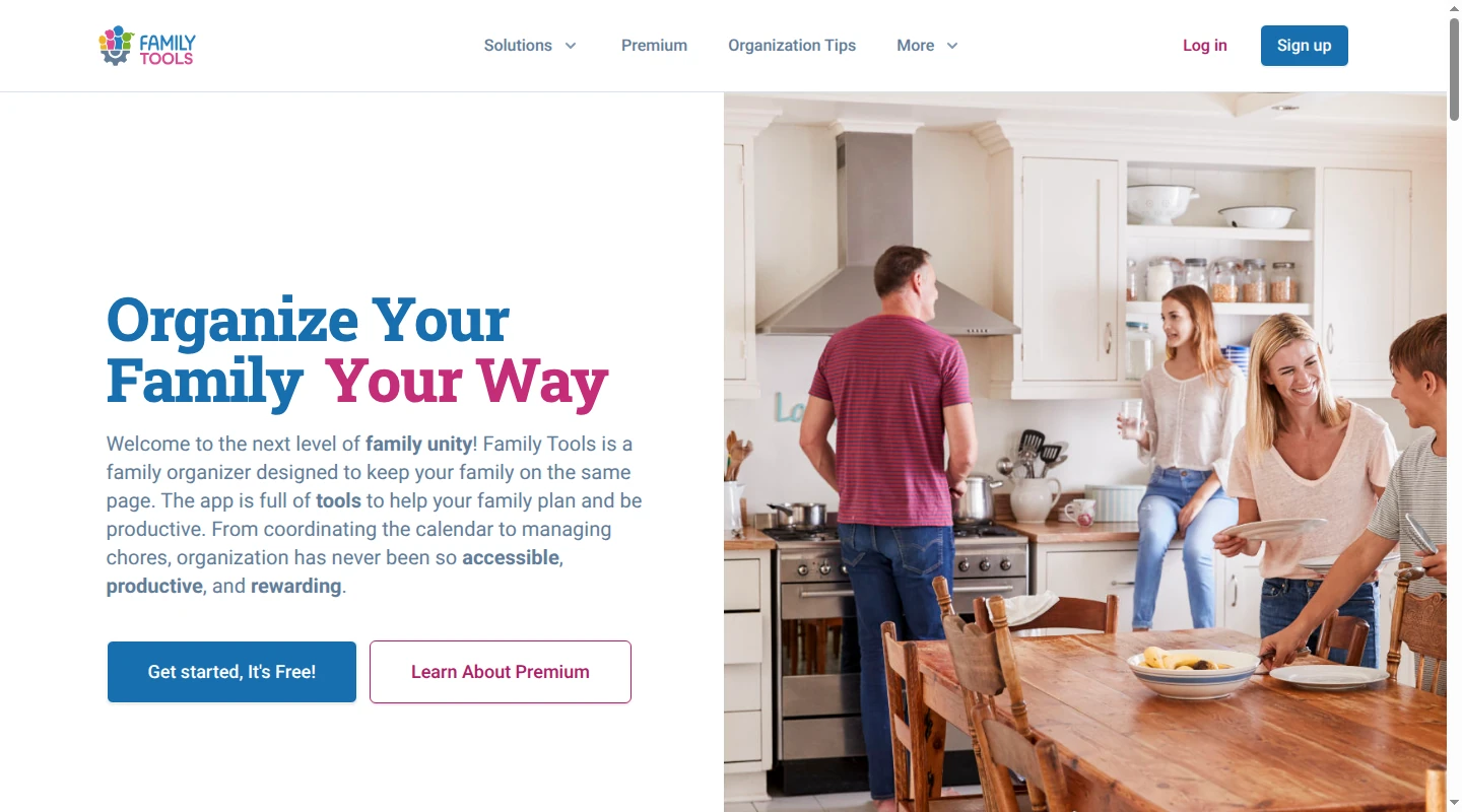Family Tools homepage presenting its family organizer