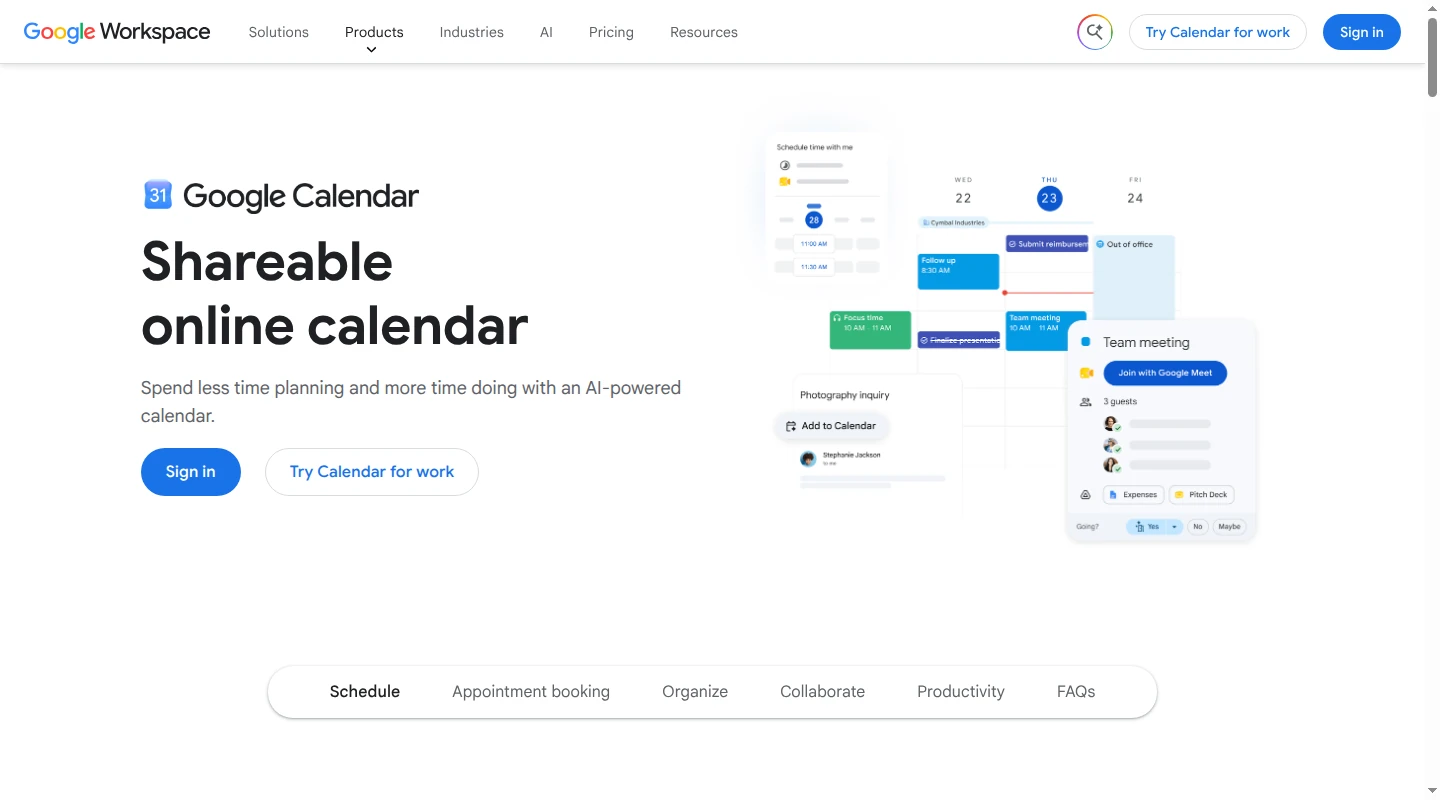 Google Calendar product page showing a shareable online calendar