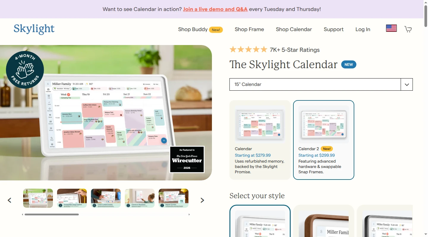 Skylight Calendar product page showing its countertop family calendar display