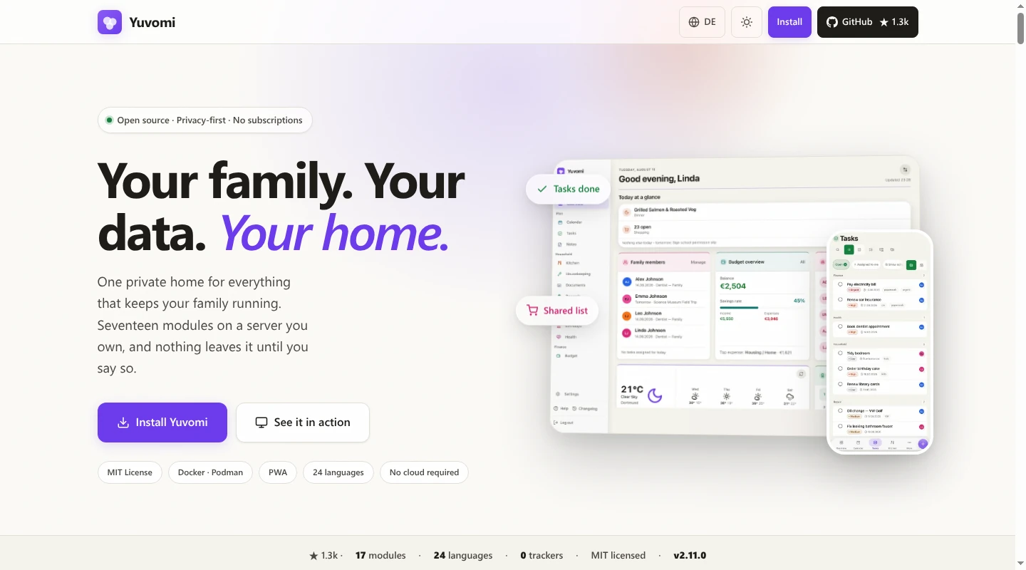 Yuvomi homepage showing its self-hosted family dashboard on desktop and mobile