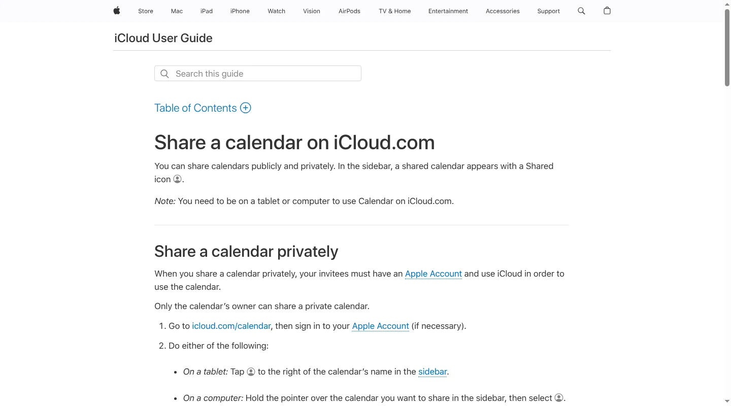Apple Support guide for sharing an iCloud calendar