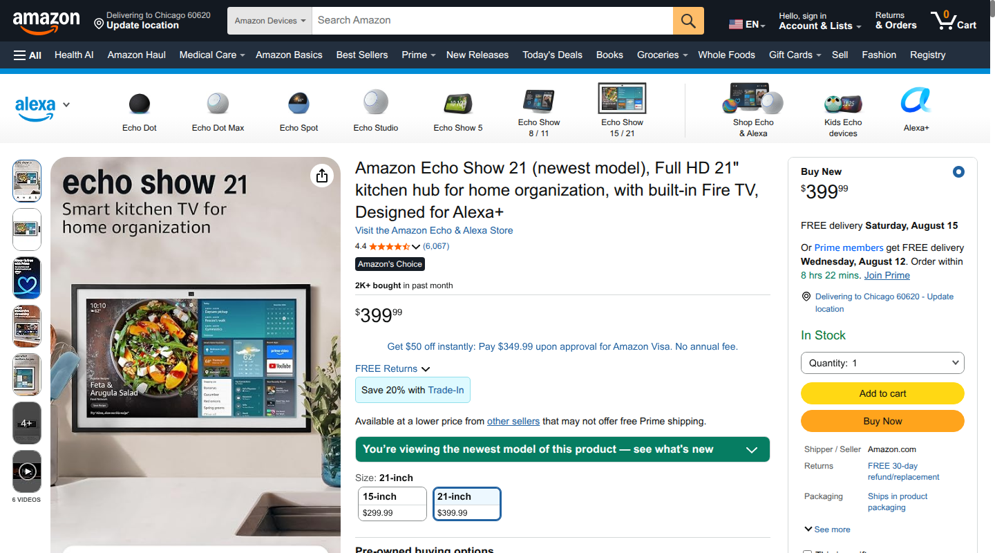 Amazon Echo Show 21 product page showing its home organization widgets