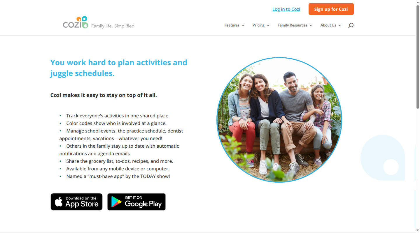 Cozi homepage describing its shared family calendar and lists