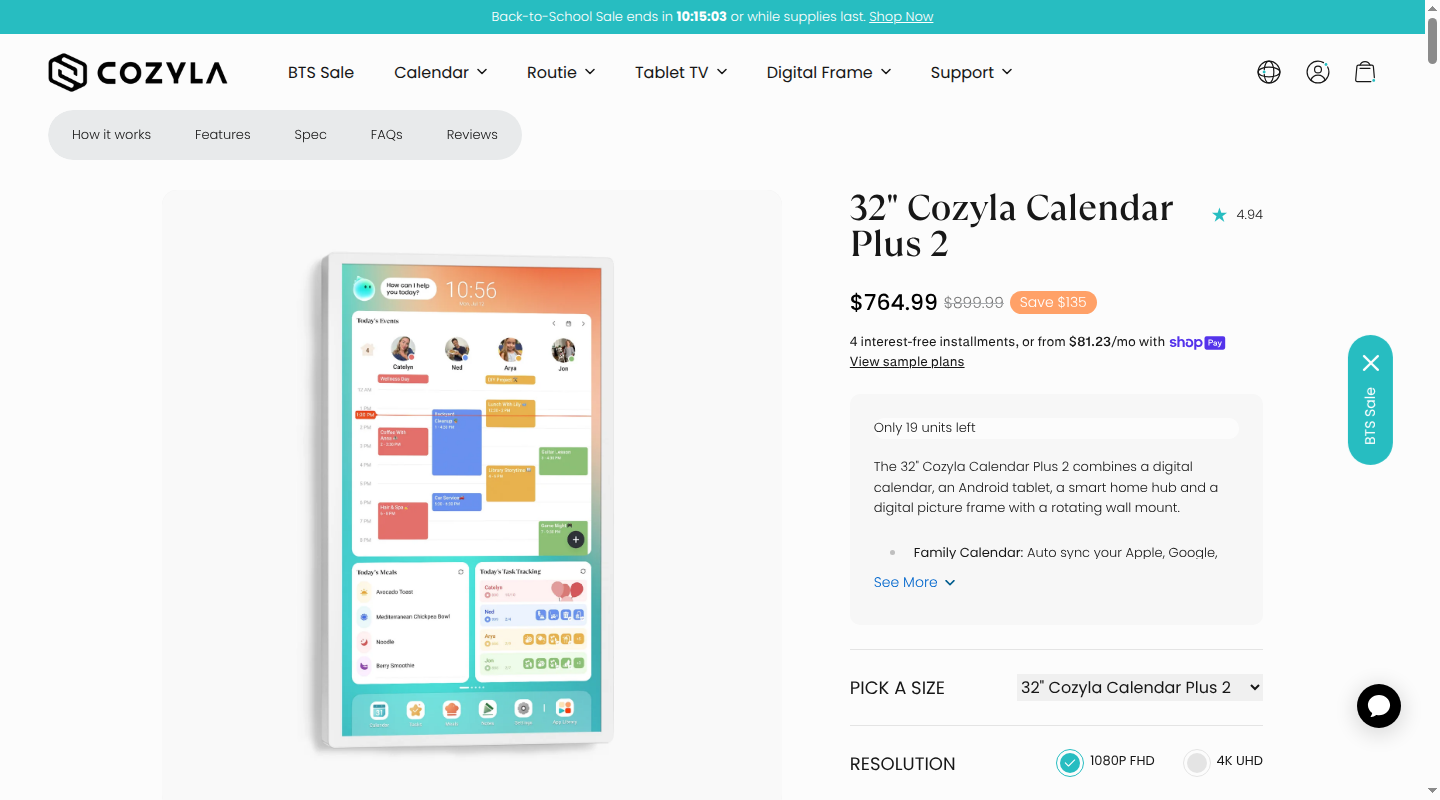 Cozyla Calendar+ 2 product page showing its calendar, meals, and tasks dashboard