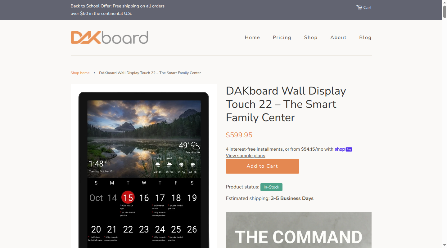 DAKboard Touch 22 product page showing a calendar and weather display