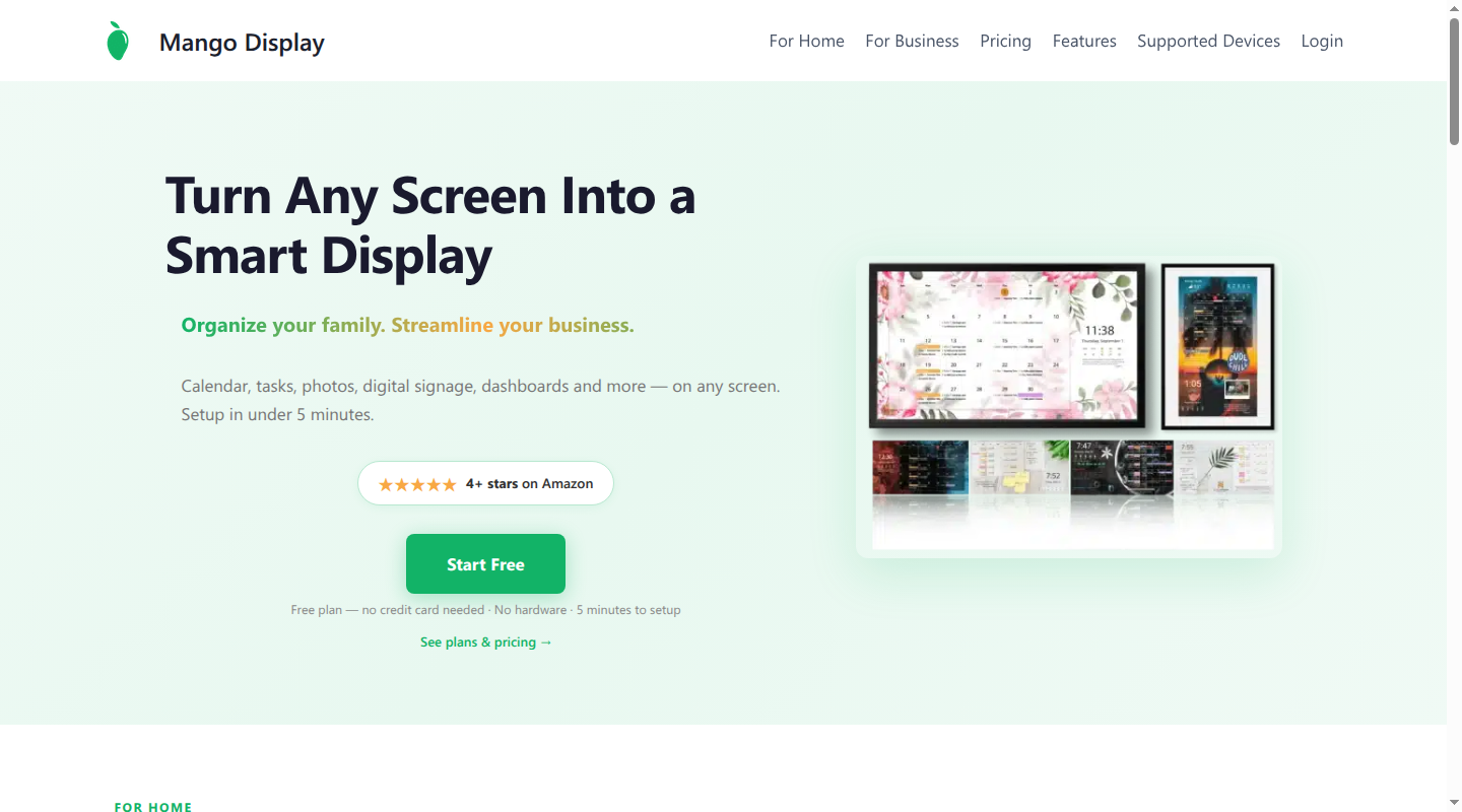 Mango Display homepage showing family calendar layouts on several screens