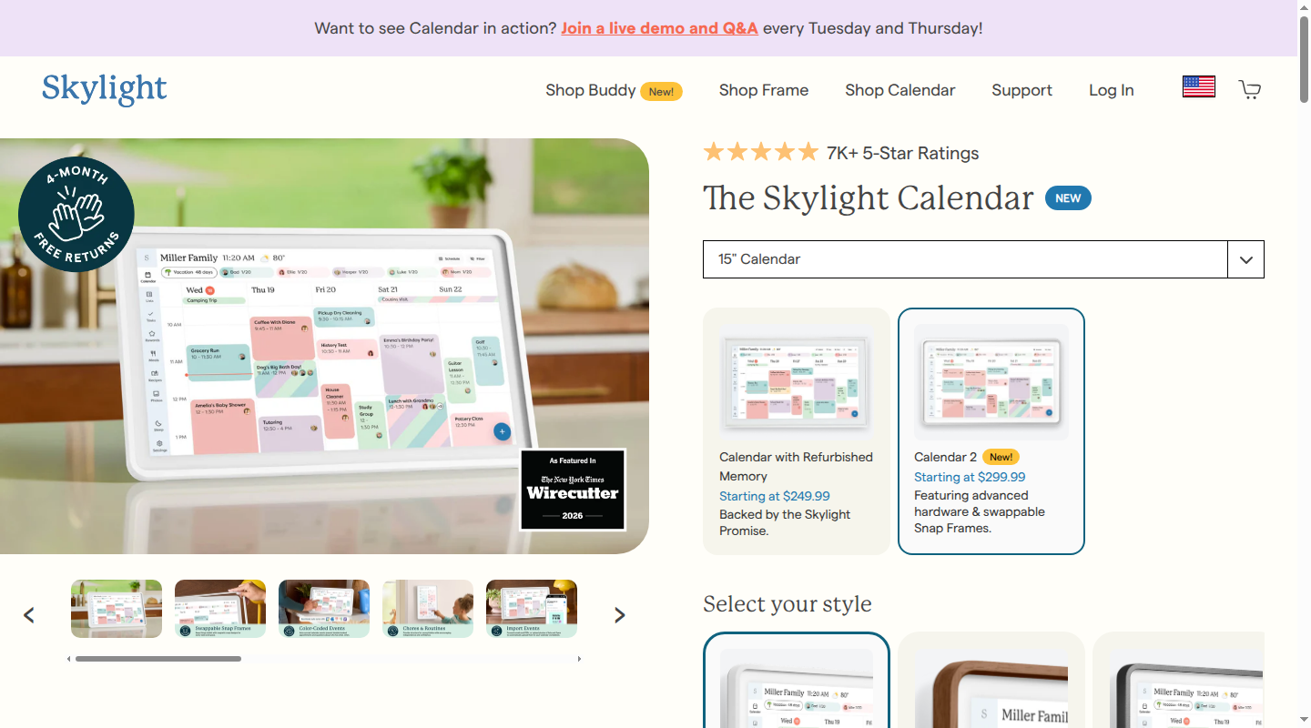 Skylight Calendar 2 product page with a color-coded weekly calendar