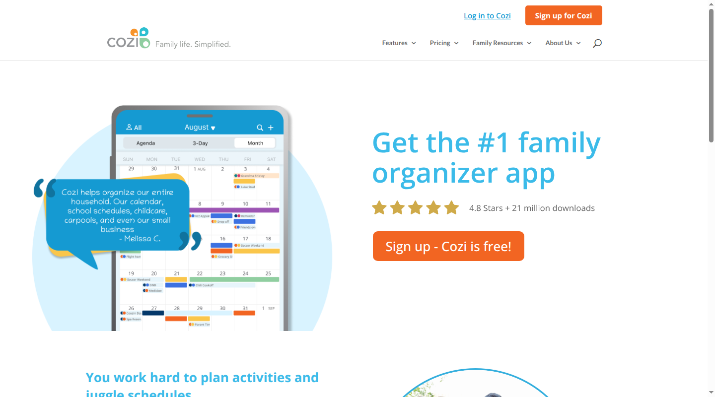 Cozi homepage showing its family calendar and organizer
