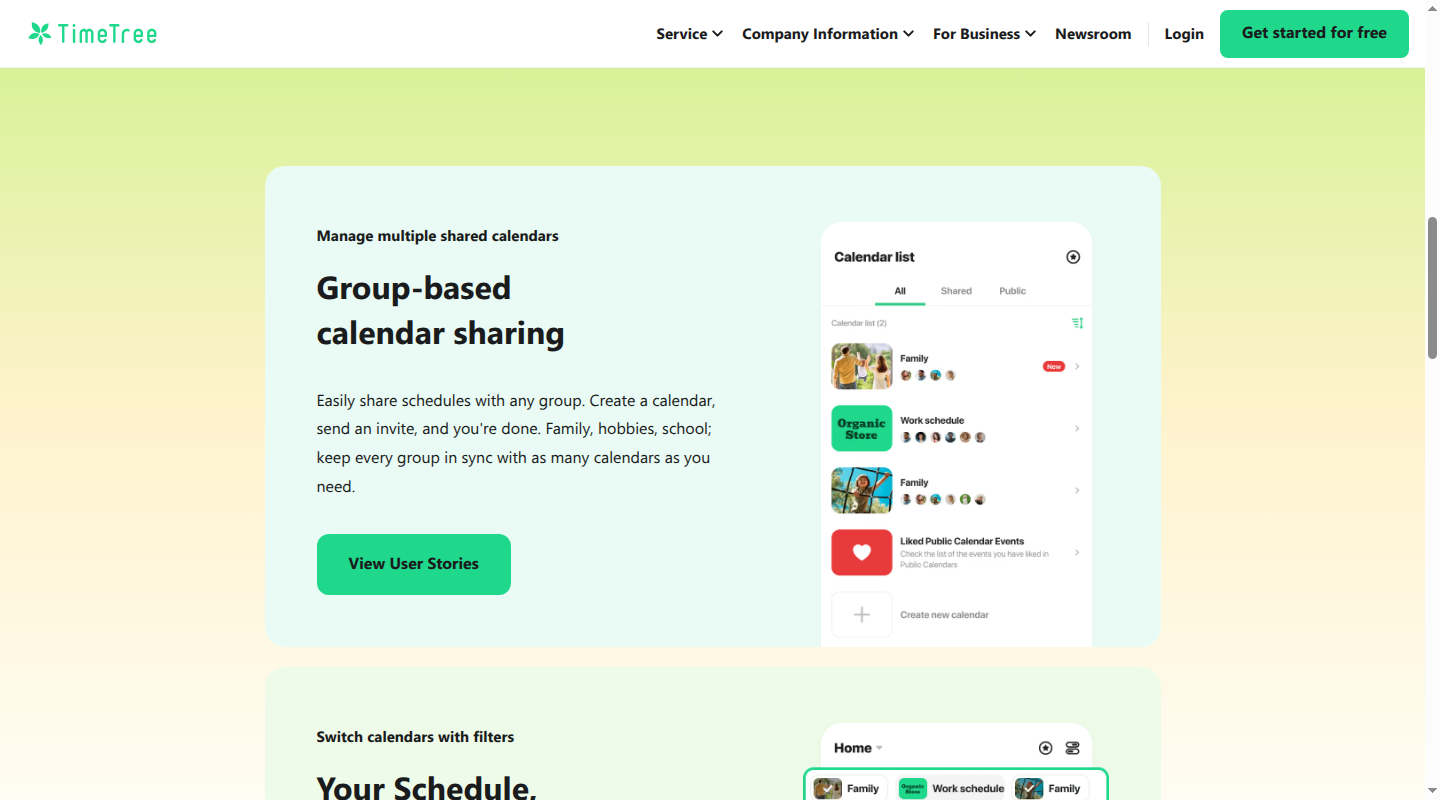 TimeTree homepage showing its shared calendar interface